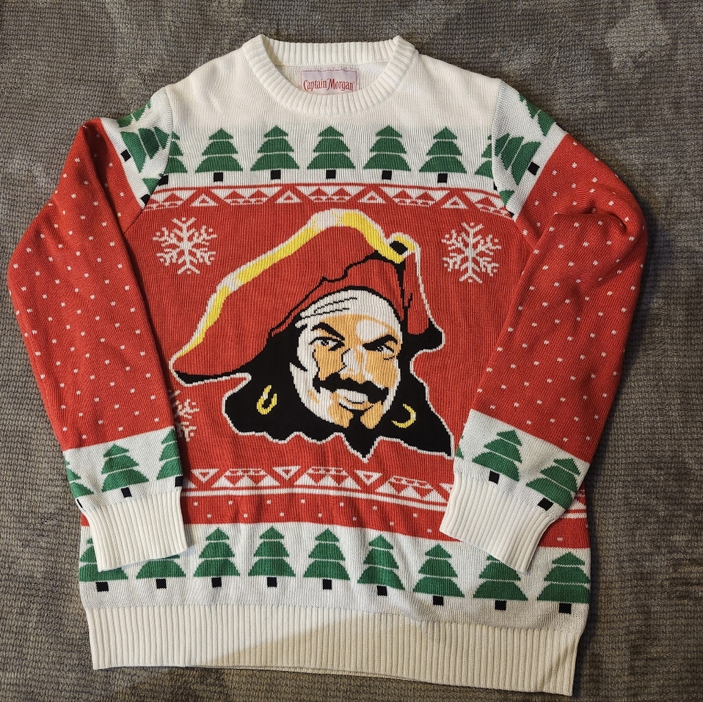 Captain Morgan Mens Christmas Sweater, Sz Large, Pirate, Skull, Festive,
